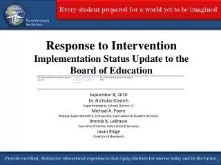 Response to Intervention Implementation Status Update to the Board of Education
