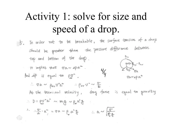 activity 1 solve for size and speed of a drop