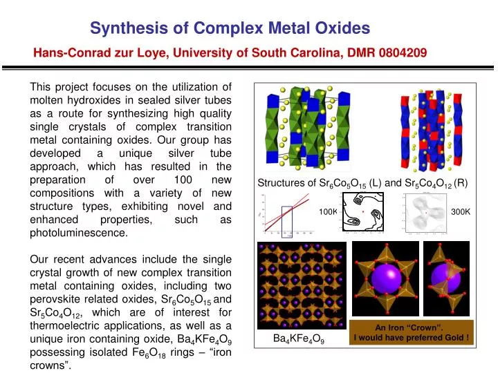 synthesis of complex metal oxides hans conrad zur loye university of south carolina dmr 0804209