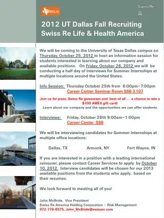 2012 UT Dallas Fall Recruiting Swiss Re Life &amp; Health America