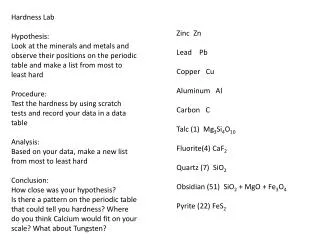 Zinc Zn Lead Pb Copper Cu Aluminum Al Carbon C Talc (1 ) Mg 3 Si 4 O 10