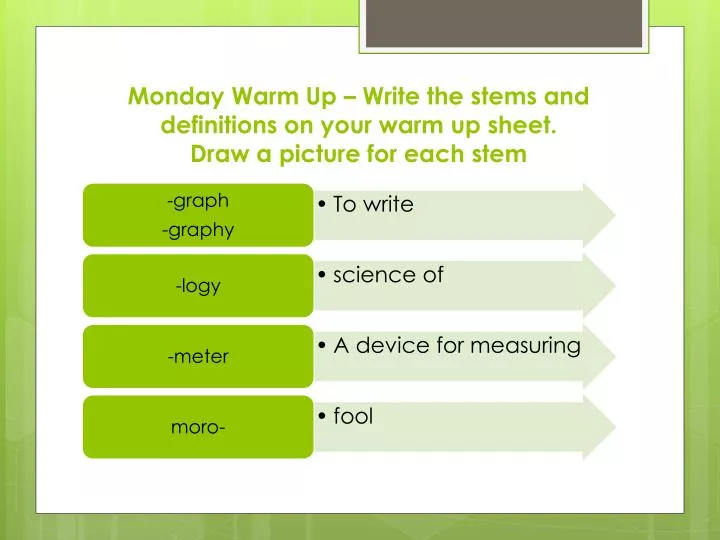 monday warm up write the stems and definitions on your warm up sheet draw a picture for each stem