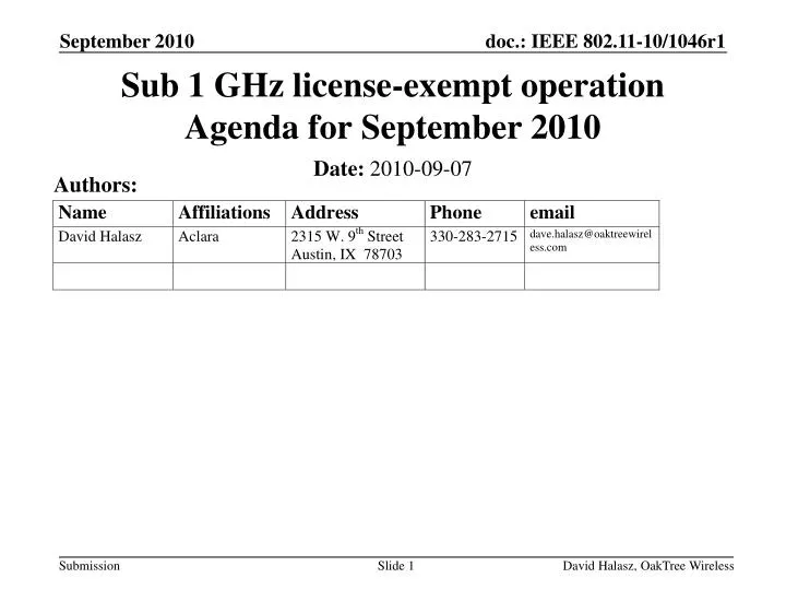 sub 1 ghz license exempt operation agenda for september 2010