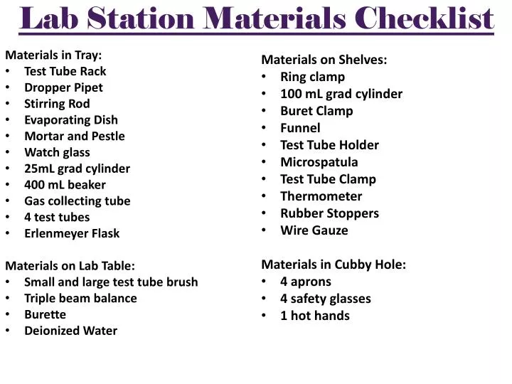 lab station materials checklist