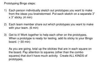 Prototyping Bingo steps: