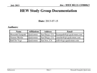 HEW Study Group Documentation