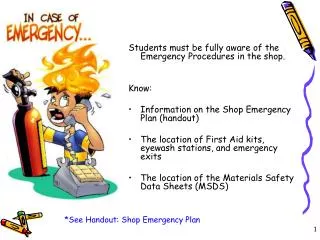 Students must be fully aware of the Emergency Procedures in the shop. Know: