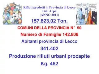 Rifiuti prodotti in Provincia di Lecco Dati Arpa (ANNO 2011)