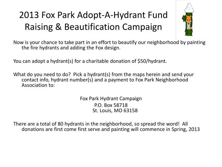 2013 fox park adopt a hydrant fund raising beautification campaign