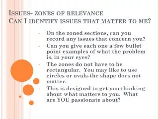 Issues- zones of relevance Can I identify issues that matter to me?