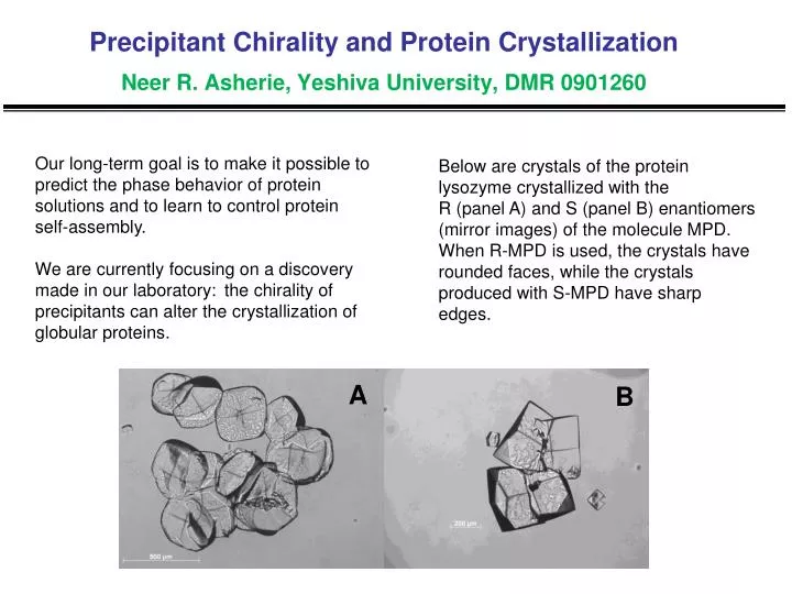 precipitant chirality and protein crystallization neer r asherie yeshiva university dmr 0901260