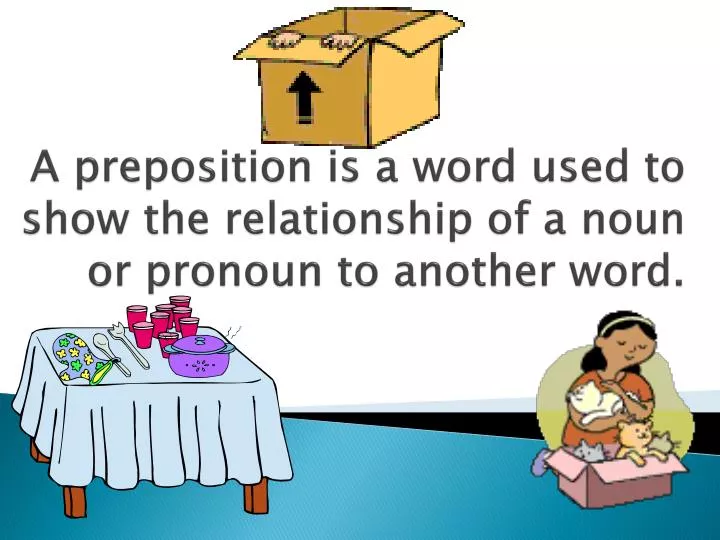 a preposition is a word used to show the relationship of a noun or pronoun to another word