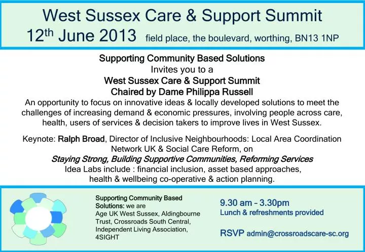west sussex care support summit 12 th june 2013 field place the boulevard worthing bn13 1np