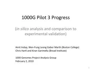 1000G Pilot 3 Progress ( in silico analysis and comparison to experimental validation)