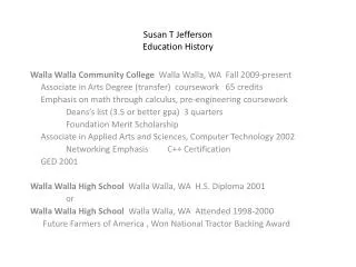 Susan T Jefferson Education History
