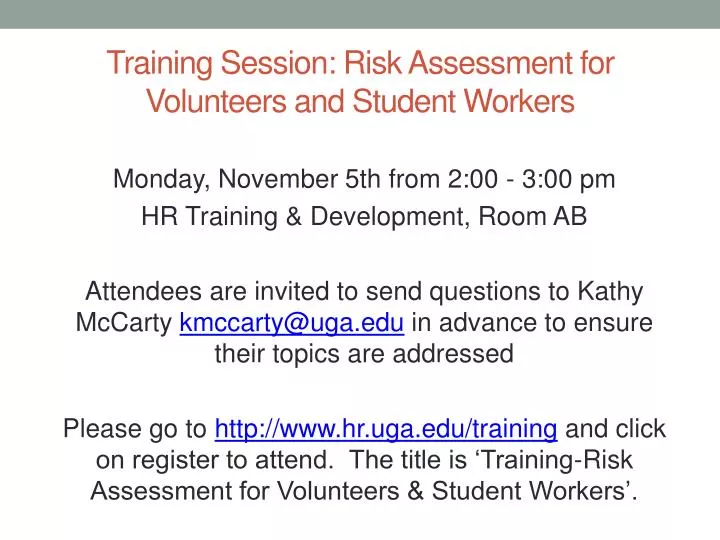 training session risk assessment for volunteers and student workers