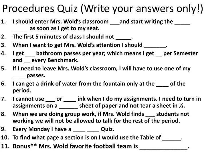 procedures quiz write your answers only