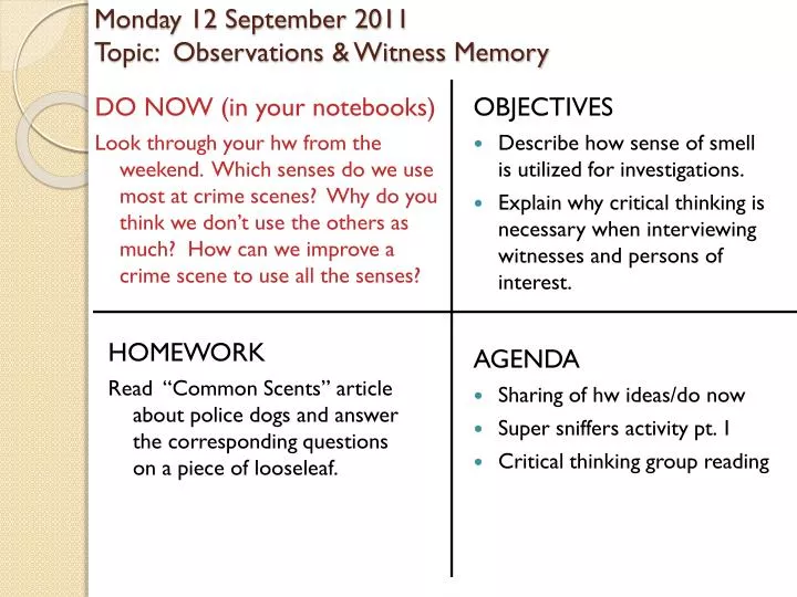 monday 12 september 2011 topic observations witness memory