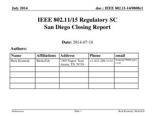 IEEE 802.11/15 Regulatory SC San Diego Closing Report