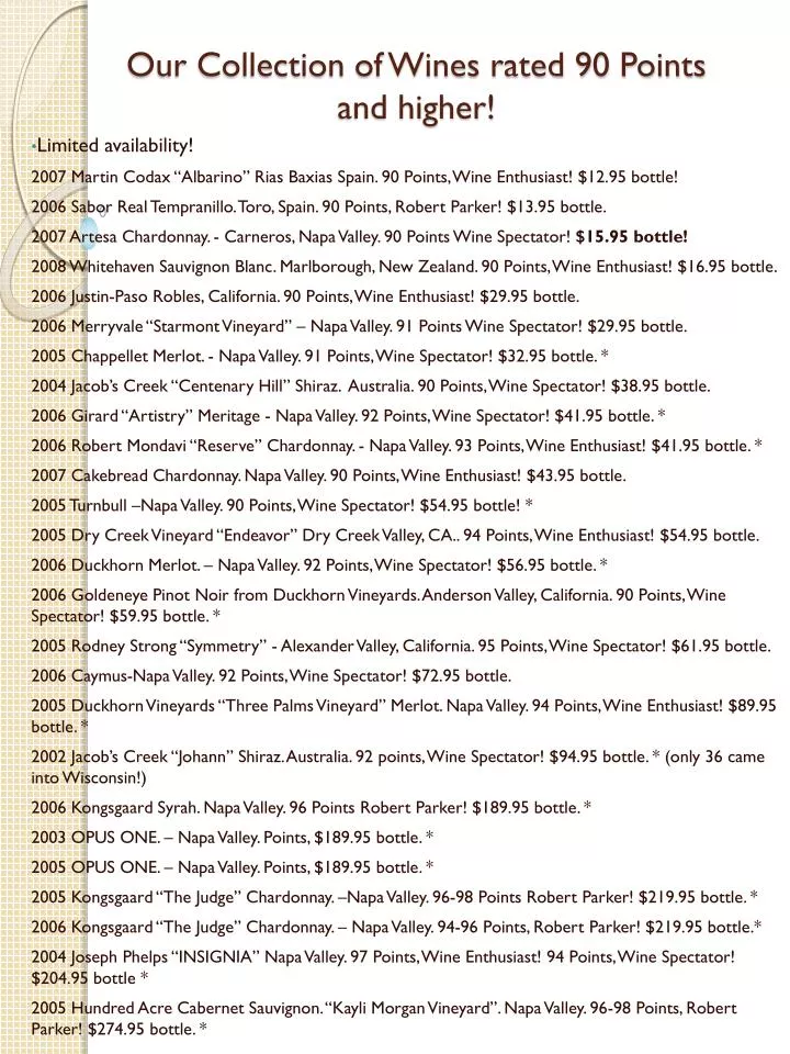 our collection of wines rated 90 points and higher