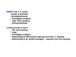AQAST Year 1 in review Scope of activities Accomplishments Investigator projects