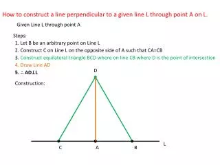 How to construct a line perpendicular to a given line L through point A on L.