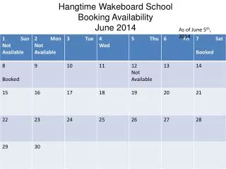 Hangtime Wakeboard School Booking Availability June 2014