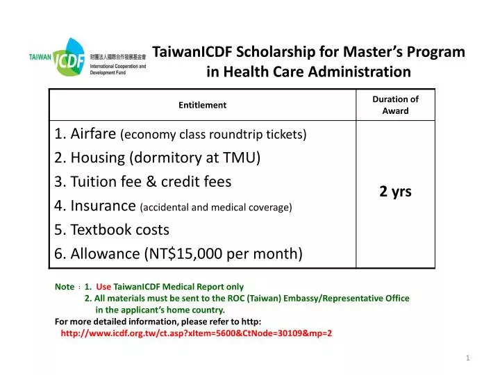 taiwanicdf scholarship for master s program in health care administration