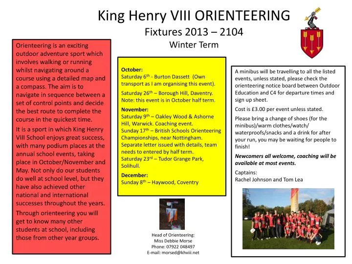 king henry viii orienteering fixtures 2013 2104 winter term