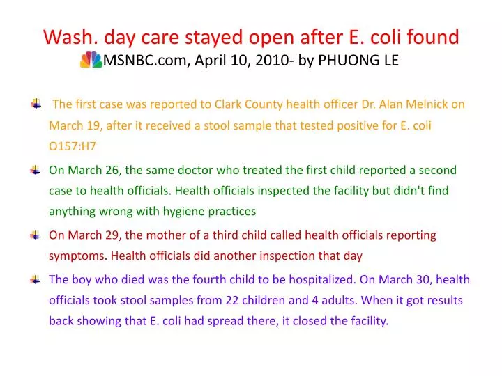 wash day care stayed open after e coli found msnbc com april 10 2010 by phuong le