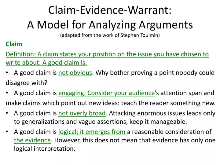 claim evidence warrant a model for analyzing arguments adapted from the work of stephen toulmin