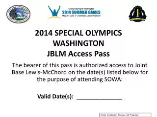 2014 SPECIAL OLYMPICS WASHINGTON JBLM Access Pass