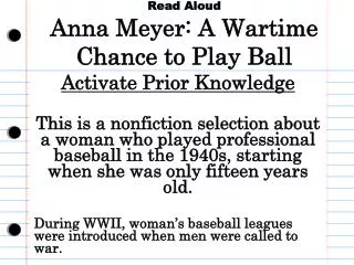 Read Aloud Anna Meyer: A Wartime Chance to Play Ball