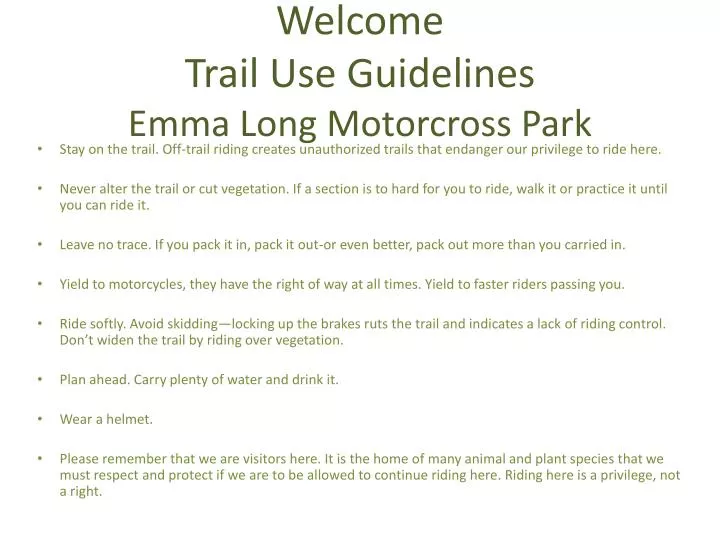 welcome trail use guidelines emma long motorcross park