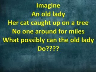 Imagine An old lady Her cat caught up on a tree No one around for miles