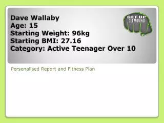 D ave Wallaby Age: 15 Starting Weight: 96kg Starting BMI: 27.16 Category: Active Teenager Over 10