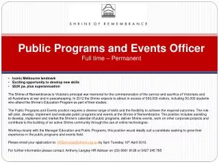 Public Programs and Events Officer Full time – Permanent
