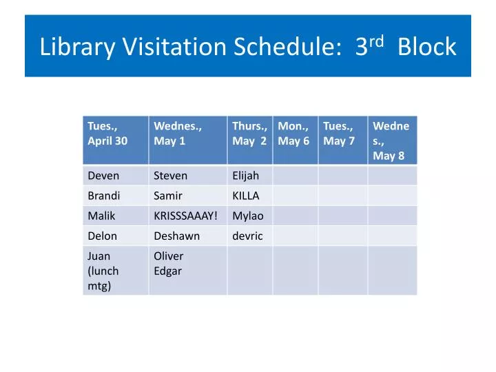 library visitation schedule 3 rd block