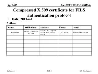 Compressed X.509 certificate for FILS authentication protocol