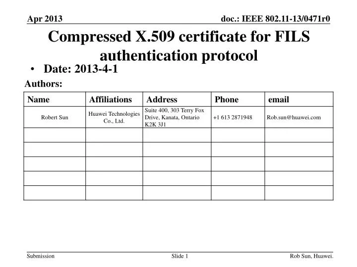 compressed x 509 certificate for fils authentication protocol