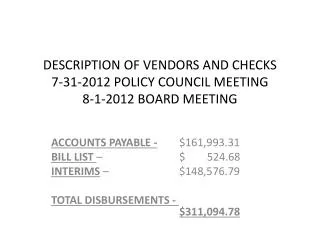 DESCRIPTION OF VENDORS AND CHECKS 7-31-2012 POLICY COUNCIL MEETING 8-1-2012 BOARD MEETING