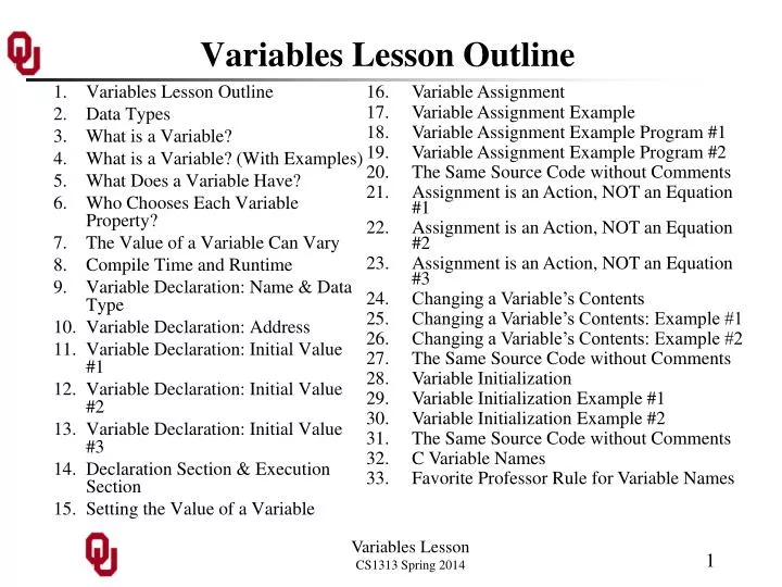 variables lesson outline