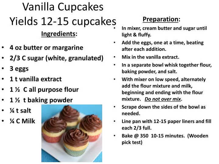 vanilla cupcakes yields 12 15 cupcakes