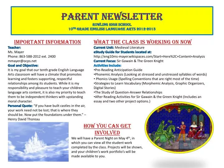 parent newsletter rowling high school 10 th grade english language arts 2012 2013