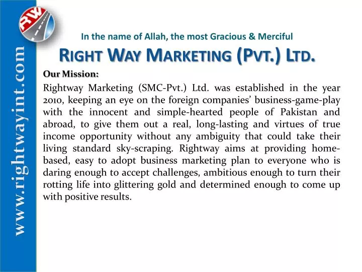 in the name of allah the most gracious merciful right way marketing pvt ltd
