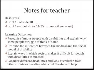 Notes for teacher
