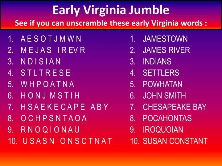 early virginia jumble see if you can unscramble these early virginia words