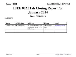 IEEE 802.11ah Closing Report for January 2014