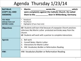 Agenda Thursday 1/23/14