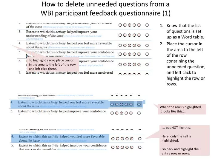 how to delete unneeded questions from a wbi participant feedback questionnaire 1